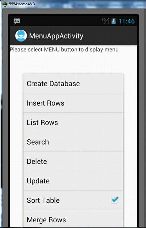 Figure 7.3. The Options Menu showing the text and checkable menu items Note Android API Level 10 and below categorize the Options Menu as an Icon Menu and an Expanded menu.