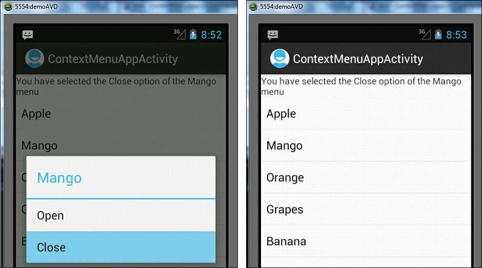 For example, when we select the Cut menu item from the Apple Context Menu, the TextView displays the message You have selected the Cut option of Apple menu, as shown in Figure 7.