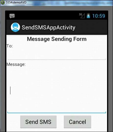 </LinearLayout> The two EditText controls are to be used to enter the phone number of the recipient and the text message; hence the IDs assigned to them are recvr_no and txt_msg.