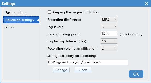 x.x.x:1311(x.x.x.x refers to the IP address of Recording Agent) in browser. Advanced settings Keeping the original PCM files Do not delete the original.pcm file.