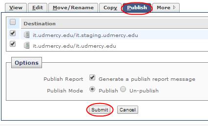 Publish the page by clicking on the Publish tab and Submit button.