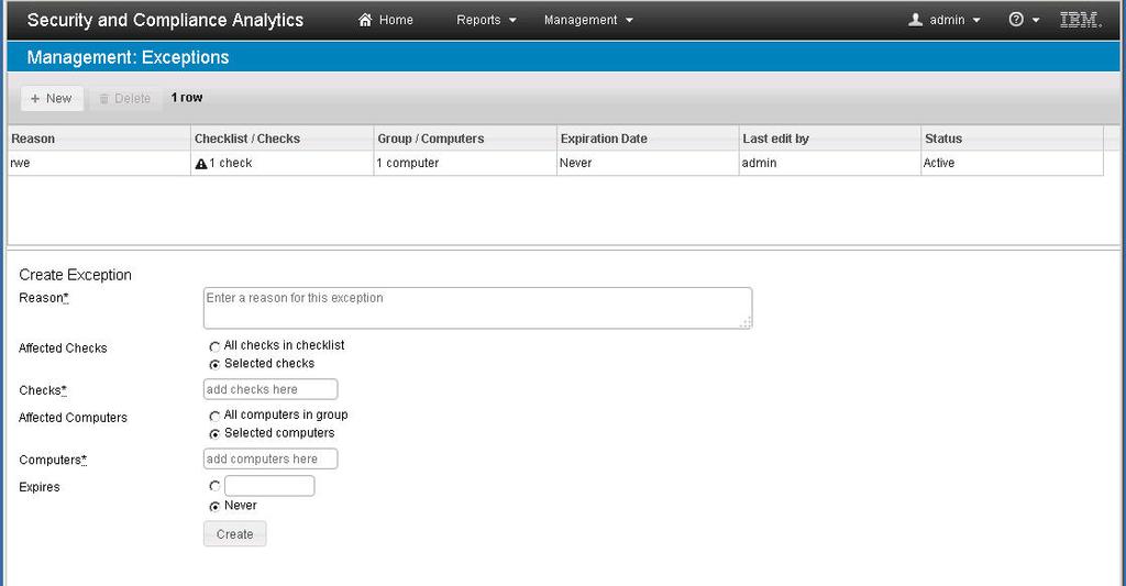 Figure 21. Exceptions page To access the Exceptions interface, click Management > Exceptions.