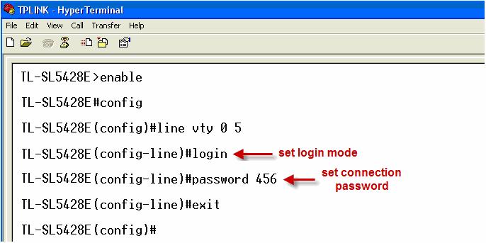 Figure 1-11 Enter into the Privileged EXEC Mode Login Mode Firstly configure the Telnet login mode as login, and both the connection password and the Privileged EXEC Mode password as 123 in the