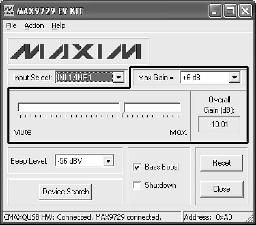Output Volume Setting and Overall Gain The MAX9729 amplifier can be configured for eight different maximum output gain (A V ) settings (see the Maximum Gain section) and is attenuated by writing the