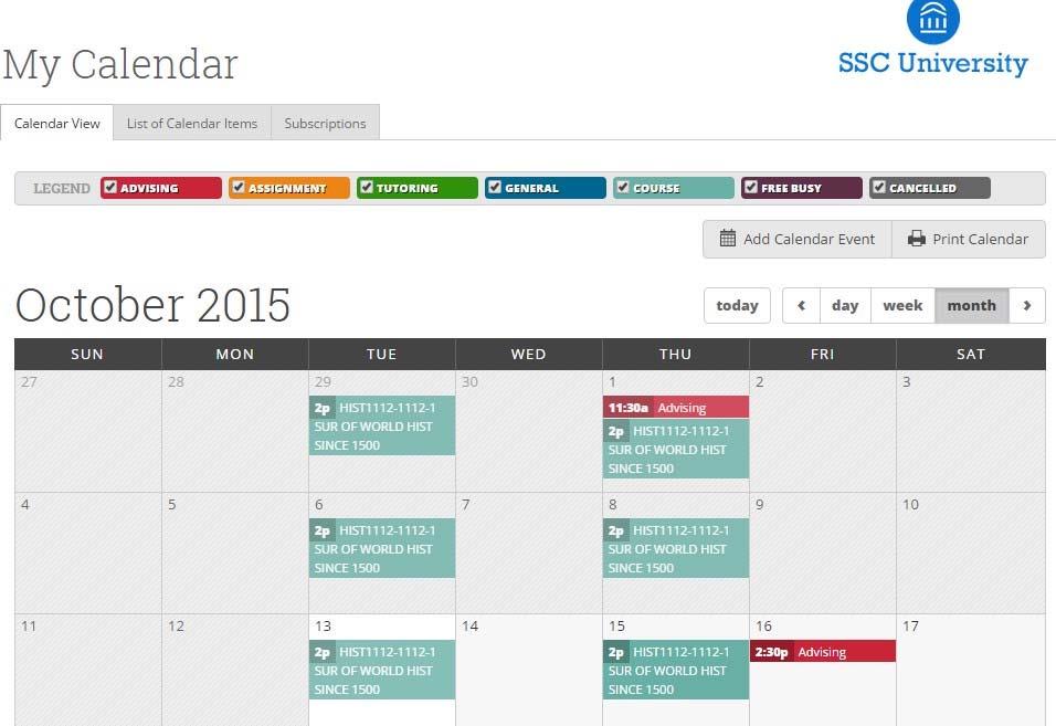 SSC Campus Calendar My Calendar Yur calendar in SSC is a quick way t view appintments r events at a glance. Add Calendar Event Clicking Add Calendar Event will bring up yur appintment scheduling page.