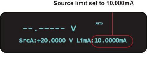 The main display screen reappears: Step 2: Set the source limit 1. Press the LIMIT key. You will see a blinking character in the LimA value field. 2. While that character is still blinking, press down RANGE keys as needed to select the 10 ma limit range.