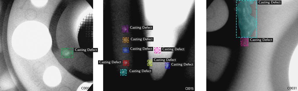 Fig. 14. Example detections of casting defects from the proposed defect detection system. TABLE II Comparison of the accuracy and performance of each model on the defect detection task.