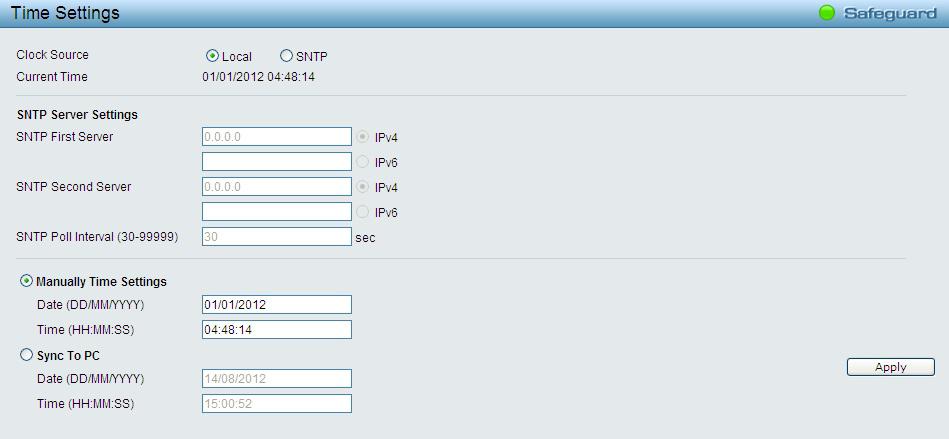 Figure 5.51 L2 Functions > SNTP > Time Settings Clock Source: Specify the clock source by which the system time is set.