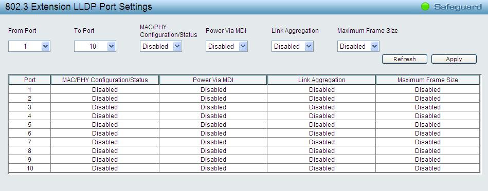 1 Extension TLV Port Settings From Port / To Port : A consecutive group of ports may be configured starting with the selected port. Port VLAN ID : Specifies the Port VLAN ID to be enabled or disabled.