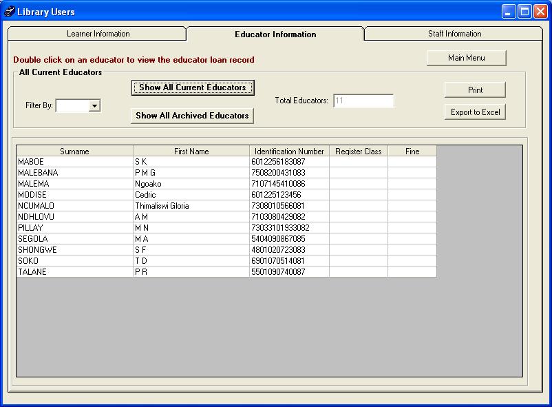 Figure 24: Educatr library Users Page Select educatr infrmatin t view infrmatin fr educatr users. Click shw all current educatrs t view a cmplete list f current educatr library users.