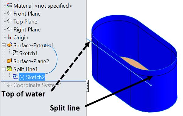 ) Figure 2 Original part and a split line to locate the top of the fluid The tutorial stated that the specific weight of the fuel is γ = ρ g = 0.29 lb in 3 (but incorrectly calls it the density, ρ).