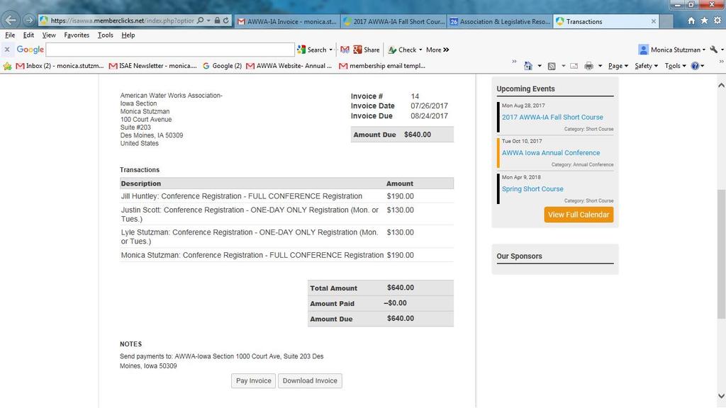 The interactive link invoice (Click here to pay this invoice) shows the each