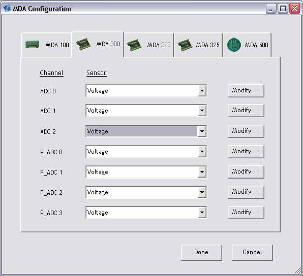 MDA support (via tool tab) Calibration parameters Convert from raw voltage into engineering units Define custom external