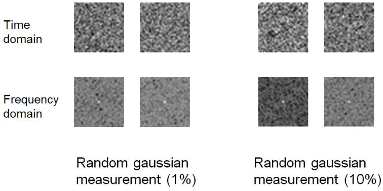 8 Xuemei Xie et al. (a) (b) Fig. 7. Measurement matrix. (a) is random Gaussian measurement matrix at measurement rate 1%,10% in time and frequency domain.