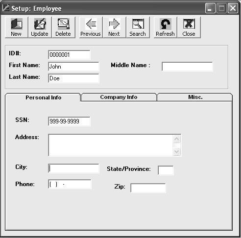 Employee Setup Select Employee from the Setup main menu or click on the Employee button in the main toolbar. The Employee Setup window will appear.