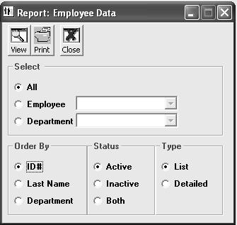 Employee Listing The Employee List Print window allows you to select the range, type, and sort the order of employee records for printing.