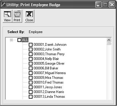 Print Employee ID Exeba -TAMS provides you with a utility to print bar-coded ID cards for your employees. To access this utility, from the Utilities main menu, select Print ID.