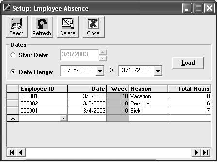 Absence Setup The Absence Setup window should be used to record the hours the employee is absent. Select Absence from the Setup main menu or click on the Absence button in the Exeba -TAMS toolbar.