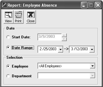 Absence Report The Absence Report is a listing of all the absences recorded in the Absence Setup window. To print a report, select Absence Report from the Report main menu.