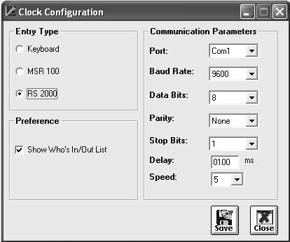 Clock Configuration From the Setup main menu, select TAMS Clock. Select for Entry Type, keyboard or one of the serial communication readers: RS 2000 or MSR 100.