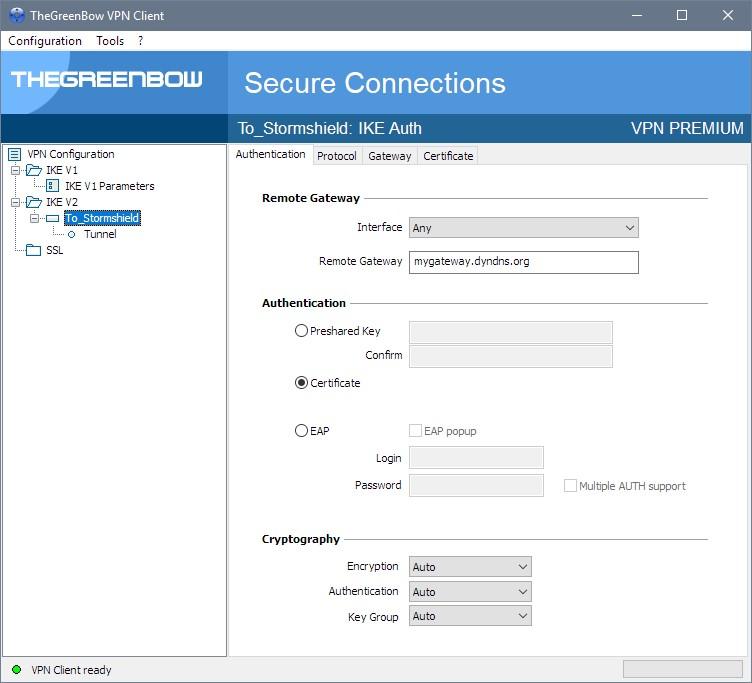 3 TheGreenBow IPsec VPN Client configuration This section describes the required configuration to connect to a STORMSHIELD VPN router via VPN connections.
