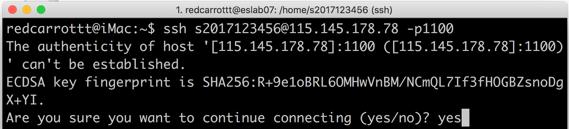 In case of ssh command (macos, Linux): 1. Run ssh command with three arguments (ID, IP address and port number) on a shell.
