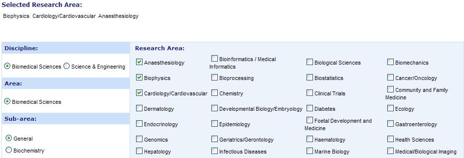 2.3.4 Research Area The Research Area tab allows researchers to add the discipline and research areas they are in.