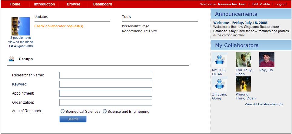 2.4 Dashboard Upon logging in as a researcher, the Dashboard link will appear in the top navigation bar.