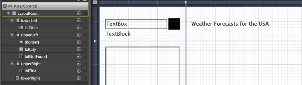 Make sure every container ( grid or stackpanel ) has a 8px margin on every side and that they stretch horizontal and vertical. Also give the containers a name.