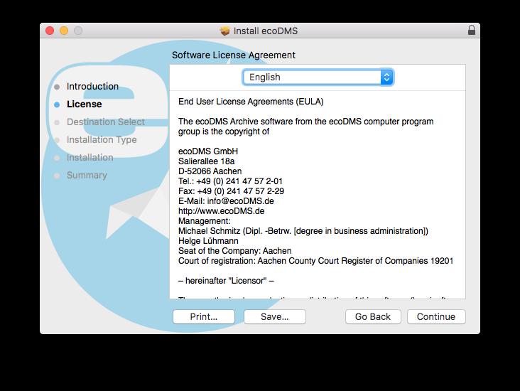 5. MacOS 59 Fig. (similar) 5.2: MacOS Client: Introduction 6. The next steps are the language and the license agreements. a) Select the language in the "License" Window.