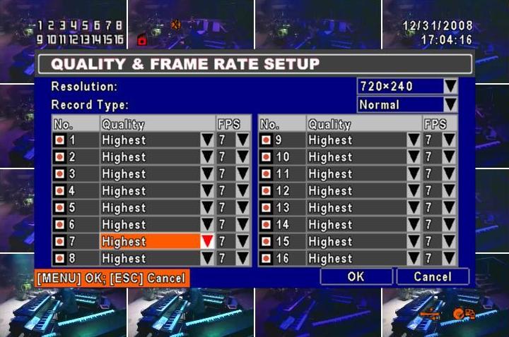 5-1.1 QUALITY & FRAME RATE SETUP Note:4CH DVR will display 4 channels and 8CH DVR will display 8 channels. Item RESOLUTION RECORD TYPE NO.