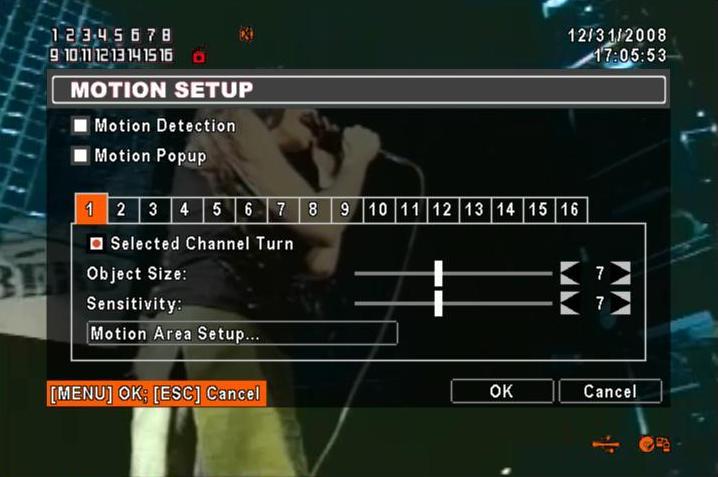 5-2.1 MOTION SETUP Item MOTION DETECTION MOTION POPUP Check the box to Enable Disable Motion Detection for all channels. Check the box to Enable Disable popup screen function for all channels.