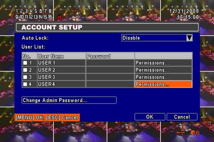 5-5 ACCOUNT SETUP The Account Setup menu is used to provide role-based permission independently setting for each user (maximum of 4 users) to access DVR over network.
