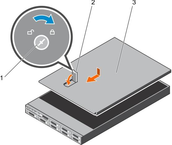 Figure 15. Installing the system cover Next steps 1. latch release lock 2. latch 3. system cover 1. If removed, install the front bezel. 2. Reconnect the peripherals and connect the system to the electrical outlet.