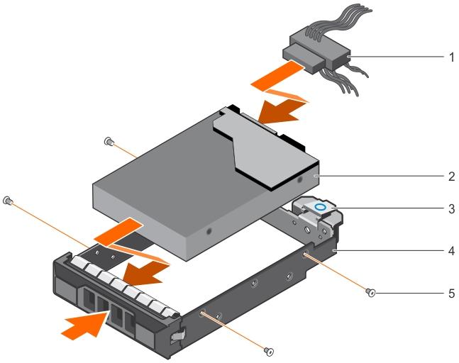 Figure 31. Installing a cabled hard drive carrier 1. power/data cable 2. hard drive 3. release tab 4. hard drive carrier 5. screw (4) Next steps 1.