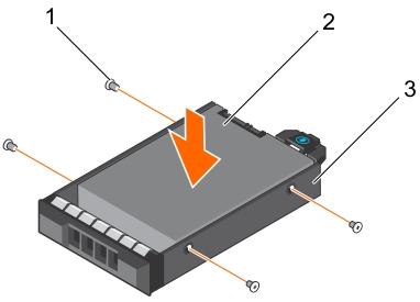 Figure 33. Installing a cabled hard drive to a cabled hard drive carrier 1. screw (4) 2. cabled hard drive 3. cabled hard drive carrier Next steps 1. Install the cabled hard drive carrier. 2. Follow the procedure listed in After working inside your system.