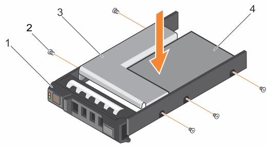1. Insert the 3.5-inch hard drive adapter into the 3.5-inch hot swappable hard drive carrier with the connector end of the hard drive toward the back of the 3.5-inch hot swappable hard drive carrier. 2.