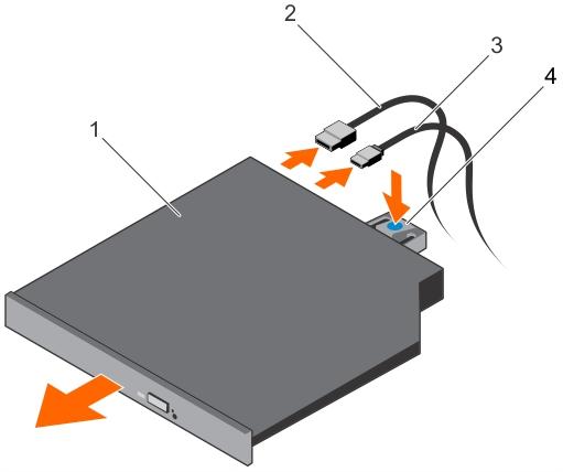 Figure 46. Removing the optical drive 1. optical drive 2. data cable 3. power cable 4. release tab Next steps 1. Depending on your system configuration, install an optical drive or two 1.