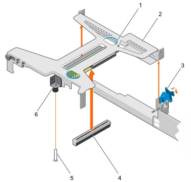 Figure 55. Removing and installing the expansion card riser Next steps 1. expansion card riser 2. touch point (2) 3. expansion card latch 4. guide slot on the chassis 5.