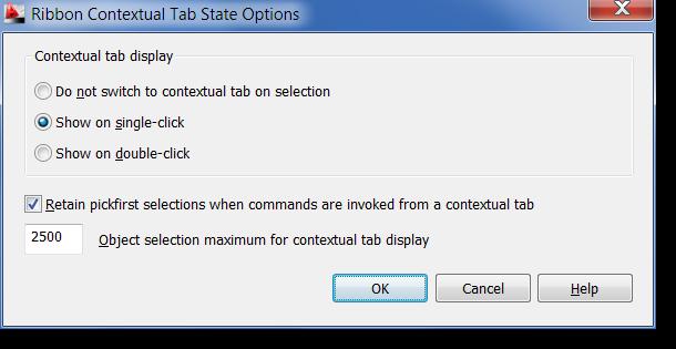 RIBBONSELECTMODE Determines whether a selection set remains selected after a ribbon contextual tab is invoked and the command is completed.