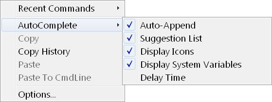 Suggestion List Controls whether a list of valid commands and system variables is displayed as you type. Display Icons Controls whether the corresponding icon for a command is displayed in the list.