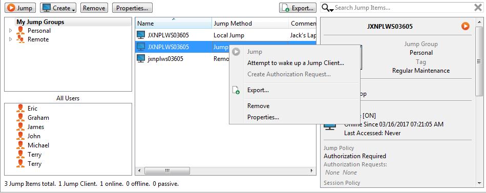 To wake an active Jump Client using WOL, right-click an existing Jump Client from within the rep console. Attempt to wake the system by clicking the Attempt to wake up Jump Client option.