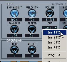 5. Click the Out pop-up in the DCA section and select the corresponding Ins FX output, i.e. the output with the same number as the slot with the effect you activated. 6.