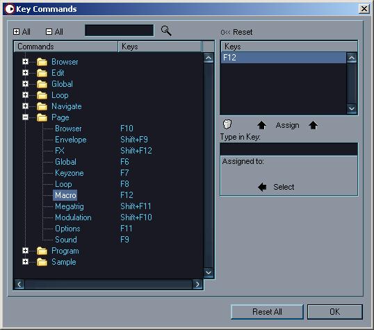 Setting up Key Commands The following is a description of how you set up key commands and save them as presets for easy access.