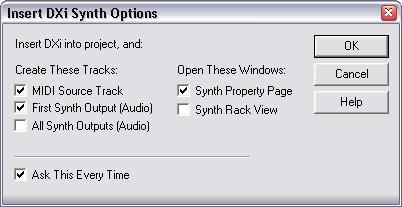 5. By default the Insert DXi Options dialog appears. To create one MIDI track and connect an audio track to s 1+2 outputs, activate the options Midi Source Track and First Synth Output.