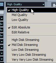 The Options pop-up menu Click this field to open a pop-up menu with the following options: High/Mid/Low Quality The Quality setting provides a way of balancing audio quality vs.