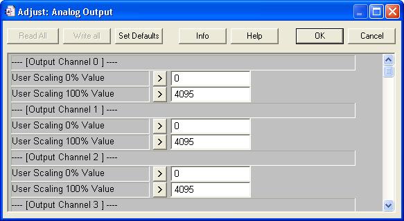 8.2 Analog Output There are 2 maximal outputs, which can have just 1 mode (0 to 4095 in Default Scaling) An error appears when we swapped the User Scaling Min and Max or if the output value is not