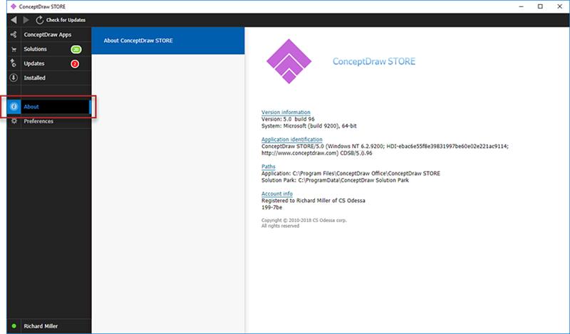 About 9 About The About tab displays information about the current version of ConceptDraw STORE.