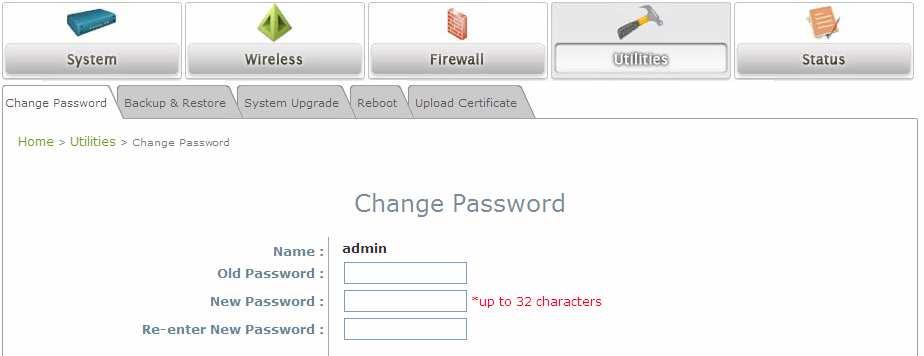 Please follow the following steps to change the administrator s password: Change Password Page Click on the Utilities main menu button, and then select the Change Password tab.