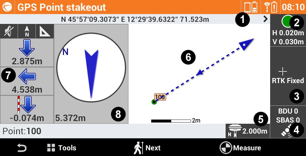 GPS - Stakeout GPS Stakeout procedures allow to provide to the operator the information in graphic, numeric and vocal format, to reach a point, an element or in general a particular position.